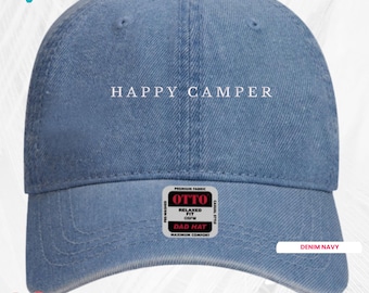 Happy Camper Embroidered Dad Hat, Custom Otto 18-772 Minimalist Baseball Cap, Outdoor Hiking Camping Hat, Gift for Campers