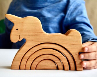 Wooden Unicorn rainbow stacking toy Personalized wooden toy for toddler Christmas gift