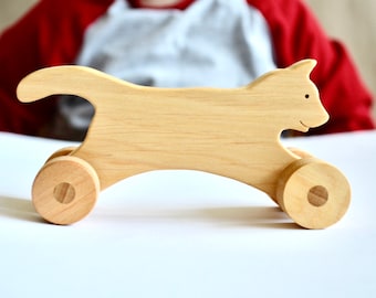 Wooden push Cat toy, Natural Wooden toys, Wooden Pull Toys for baby and toddlers
