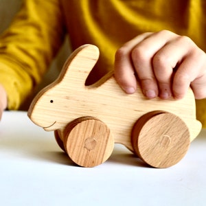 Wooden bunny push toy Wooden animal organic toy  Hare baby toy