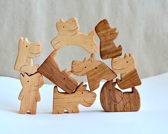 Juego de perros de madera Juguete de madera para niños pequeños Juguete educativo orgánico