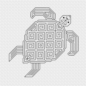 Könnte beinhalten: Schwarz-weiße geometrische Illustration einer Schildkröte. Der Schildkrötenkörper besteht aus Quadraten und Spiralen, mit linearen Details für Kopf, Flossen und Schwanz. Der Hintergrund ist ein strukturiertes, hellgraues Muster.