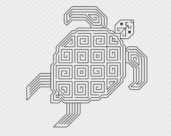 May include: Black and white geometric illustration of a turtle. The turtle's body is composed of squares and spirals, with linear details forming the head, flippers, and tail. The background is a textured, light gray pattern.