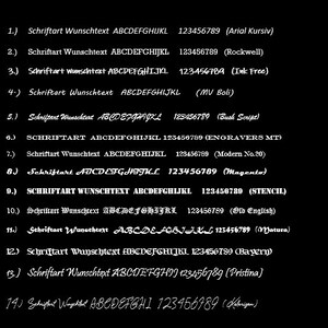 May include: A black background displays a list of font options for engraving. The text includes font names, sample text, and numbers. The top right corner features a logo with the letters "BO" and the words "GRAVURTECHNIK GESCHENKBEDARF".