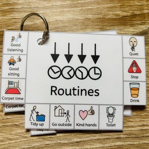 May include: A set of white laminated cards held together by a metal ring, featuring black text and colourful icons for daily routines. The central card displays the word Routines with clock symbols, surrounded by smaller cards showing tasks like Good listening, Good sitting, Carpet time, Quiet, Stop, Drink, Tidy up, Go outside, Kind hands, and Toilet.