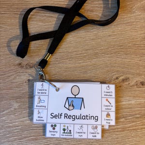 May include: A black lanyard attached to a white rectangular card featuring the text Self Regulating and various communication icons including I want to be alone, Breathing, Blow bubbles, I need 5 minutes, I want to colour, I need a hug, Sensory toys, Go outside, I want to run, and I want to talk.