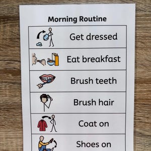 May include: A printed sheet detailing a morning routine, featuring text and illustrations. The steps include "Get dressed", "Eat breakfast", "Brush teeth", "Brush hair", "Coat on", and "Shoes on". The sheet is white and rests on a wooden surface.