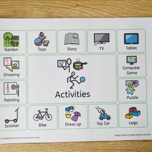 May include: A printed sheet featuring illustrated activity icons such as a garden, toys, storybook, TV, tablet, drawing, painting, computer game, puzzle, scooter, bike, dress up, toy car, and Lego. The word "Activities" is in the centre.