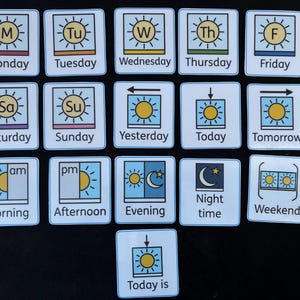 May include: A set of square cards with illustrations and text related to the days of the week, time, and the weekend. Each card has a sun graphic and text such as "Monday", "Tuesday", "Morning", and "Night time".