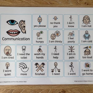 May include: A white communication board featuring a grid of icons and phrases. Phrases include "I am thirsty," "wash my hands," and "I want quiet." The word "Communication" is at the top. The board is designed to aid communication.