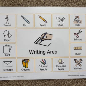 May include: A white educational poster featuring icons and text about writing. The poster includes illustrations of a pen, pencil, scissors, and other stationery items. The words "Writing Area" are displayed in the center.