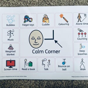 May include: A white poster featuring the words "Calm Corner" and a series of illustrated icons. The icons depict activities such as bubbles, fidget toys, colouring, music, a weighted blanket, screen time, reading, talking, and walking. Designed for relaxation.