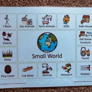 May include: A light blue educational poster featuring the words "Small World" and various illustrated icons. The icons include a globe, insects, a tractor, and a dollhouse. The poster is designed for educational purposes.