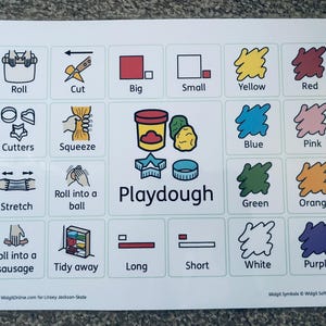 May include: A printed sheet featuring playdough-themed illustrations and text. It includes images of tools, shapes, and colours, with words such as "Roll," "Cut," and "Squeeze." The word "Playdough" is displayed in the centre of the sheet.