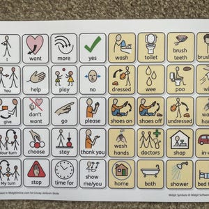 May include: A communication aid featuring a grid of illustrated symbols with text labels. The images depict everyday actions and concepts, including "wash," "toilet," and "bedtime." The board is designed to facilitate communication.
