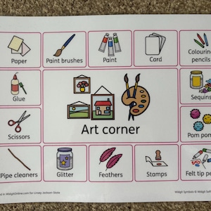 May include: An art corner chart with illustrations of art supplies, including paint, brushes, and glitter. The chart features labels for items like paper, glue, scissors, and more. The central text reads "Art corner".