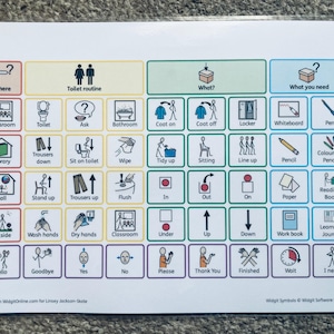 May include: A colourful visual aid with labelled boxes for daily routines. The chart includes icons and text for actions like "Toilet routine," "Wash hands," and "Hello." The text "Created in WidgOnline.com" is visible at the bottom.
