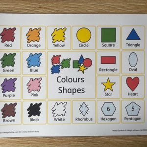 May include: An educational chart with colour and shape identification. It shows colours like red, blue, and green, and shapes including circles, squares, and triangles. The text "Colours Shapes" is displayed. Measurements are not applicable.