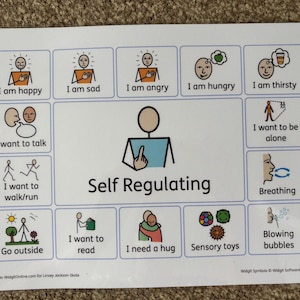 May include: A printed sheet with the title "Self Regulating" and a series of illustrations representing feelings and actions. The images include "I am happy," "I am sad," and "I need a hug." The sheet is designed to aid communication and emotional regulation.