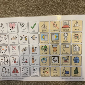 May include: A white card featuring a grid of illustrated icons with accompanying text. Icons depict various actions and objects, including a heart, a tick, and images for "home" and "play." The card is designed for communication and visual support.