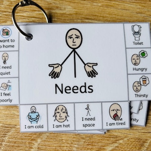 May include: A communication card set on a metal ring featuring a central stick figure with the text Needs. Surrounding icons include I want to go home, I need quiet, I feel poorly, Toilet, Hungry, Thirsty, I am cold, I am hot, I need space, and I am tired.