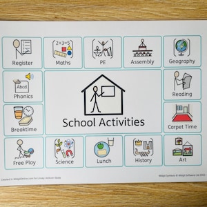 May include: A printed sheet featuring the words "School Activities" and pictorial representations of school lessons and activities, such as Maths, PE, and Art. The sheet is displayed on a wooden surface.
