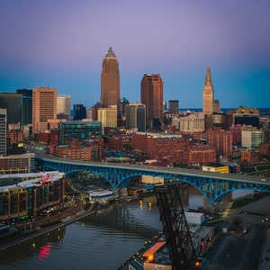 Canvas Print of Downtown Cleveland Aerial Skyline Twilight View with Flats