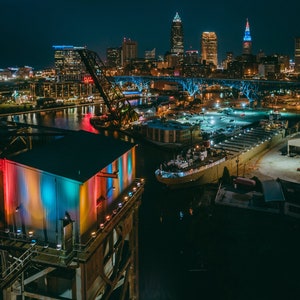 Canvas Print of Nighttime Aerial Of Cleveland Skyline From The Flats