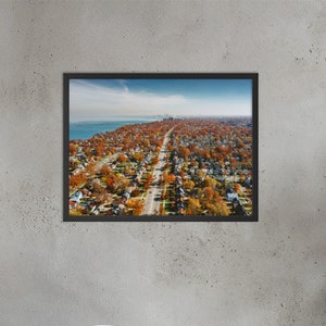 May include: Aerial view of a suburban neighborhood with houses and trees in autumn colors. The street is lined with trees and the houses are mostly single-family homes.