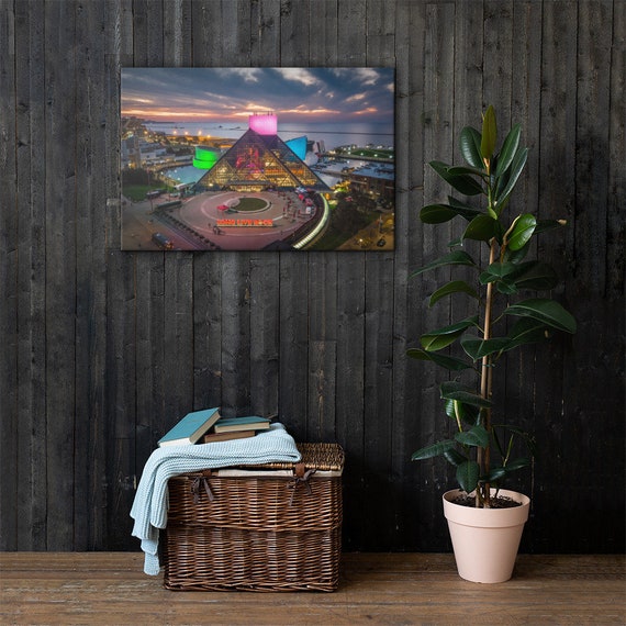 Canvas Print of Rock and Roll Hall of Fame at Nighttime Aerial