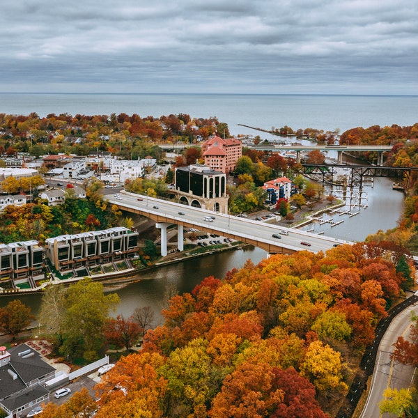 Framed Poster of Aerial Drone View onto the Fall Foliage of Rocky River, Ohio