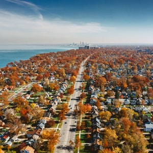 May include: Aerial view of a suburban neighborhood with houses and trees in various shades of autumn colors. A long road runs through the center of the image, leading to a city skyline in the distance.