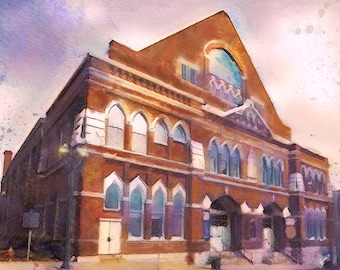 Ryman Auditorium painting, digital watercolor print - Nashville iconic landmark collection