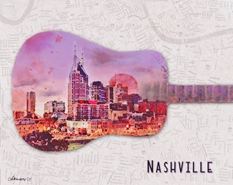Nashville Skyline Guitar painting, digital watercolor print - Nashville iconic landmark collection, great gift