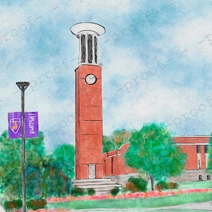 May include: A watercolor painting of a red brick clock tower with a white steeple and a clock face. The tower is surrounded by green trees and a purple banner that reads "Lipscomb".