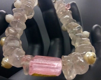 Bracelet Perles Verre De Murano Rose Et Quartz - Création Manuelle Plaqué Or
