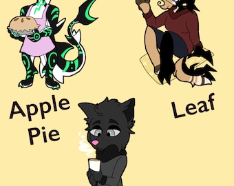 Op de afbeelding: Drie cartoon dierenpersonages met verschillende namen. Een groen en zwart wezen dat een taart vasthoudt met het label "Apple Pie". Een zwart en wit wezen dat een blad vasthoudt met het label "Leaf". Een zwart wezen dat een kopje koffie vasthoudt met het label "Latte".