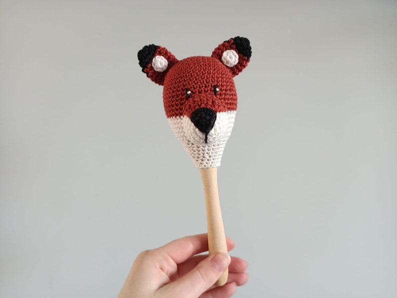 Crocheted samba ball sheep and fox, toy instrument Vos