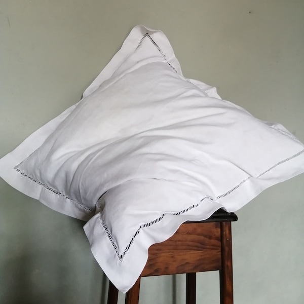 Antique  French linen cushion pillowcase or sham with ladderwork border.