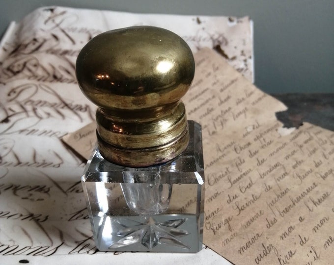 Antique French hand blown cut glass ink bottle with brass knob lid