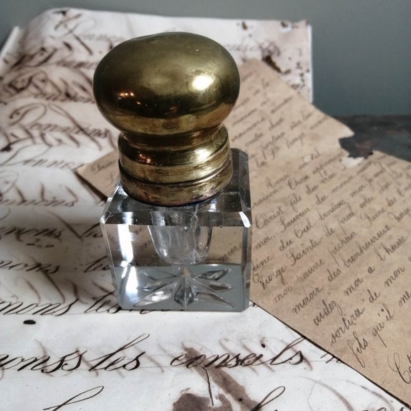 Antique French hand blown cut glass ink bottle with brass knob lid