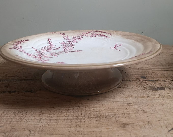 Antique terre de fer ironstone low cake stand compote in pine tree branch and dragonfly design