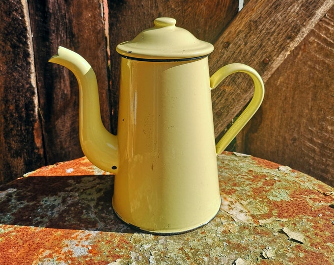 Vintage retro French yellow enamel ware coffee or hot chocolate pot