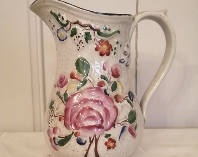 Antique English floral handpainted lustre pink rose and flower bouquet decorated pottery jug