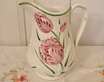 Antique English floral handpainted lustre pink tulip decorated pottery jug