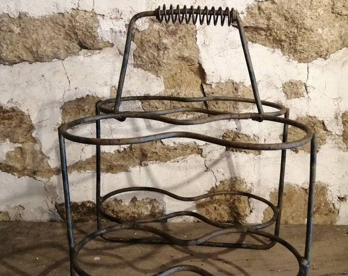 Vintage French metal bottle carrier for four bottles