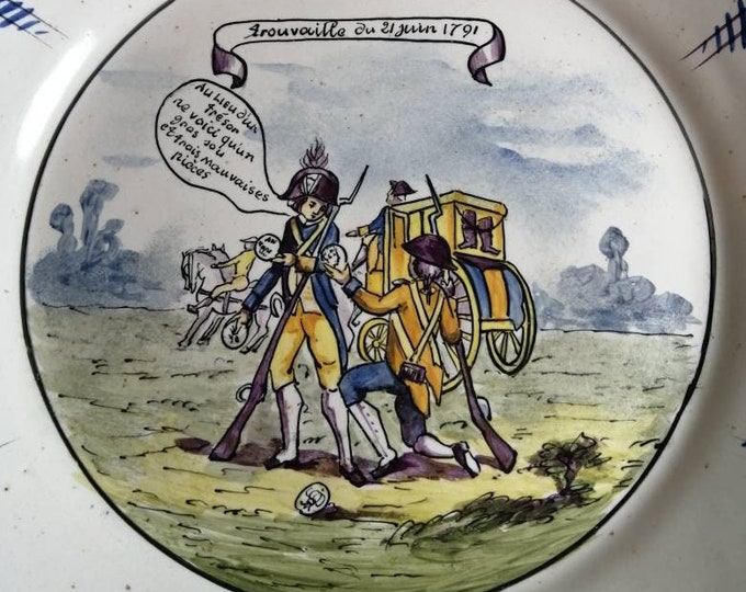 Antique possibly 18th century faience handpainted tin glazed plate with revolutionary cartoon