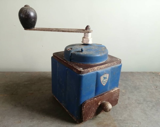 Vintage French iconic blue enamel Peugeot coffee bean grinder mill