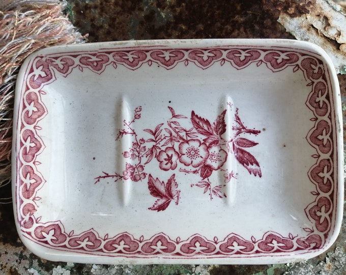 Antique French terre de fer ironstone transferware soap dish Bouquets pattern in rouge palette