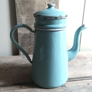 Turquoise blue vintage retro French enamel ware tiered coffee pot